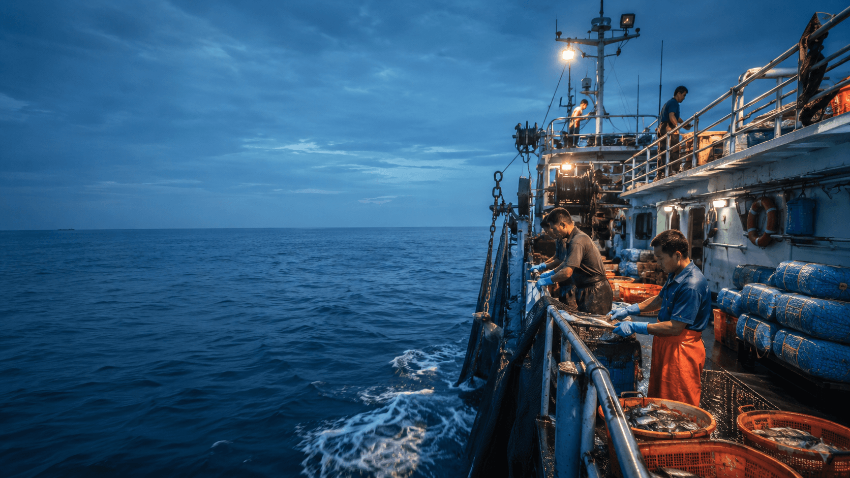 Crew sorting the catch on deck at dusk
