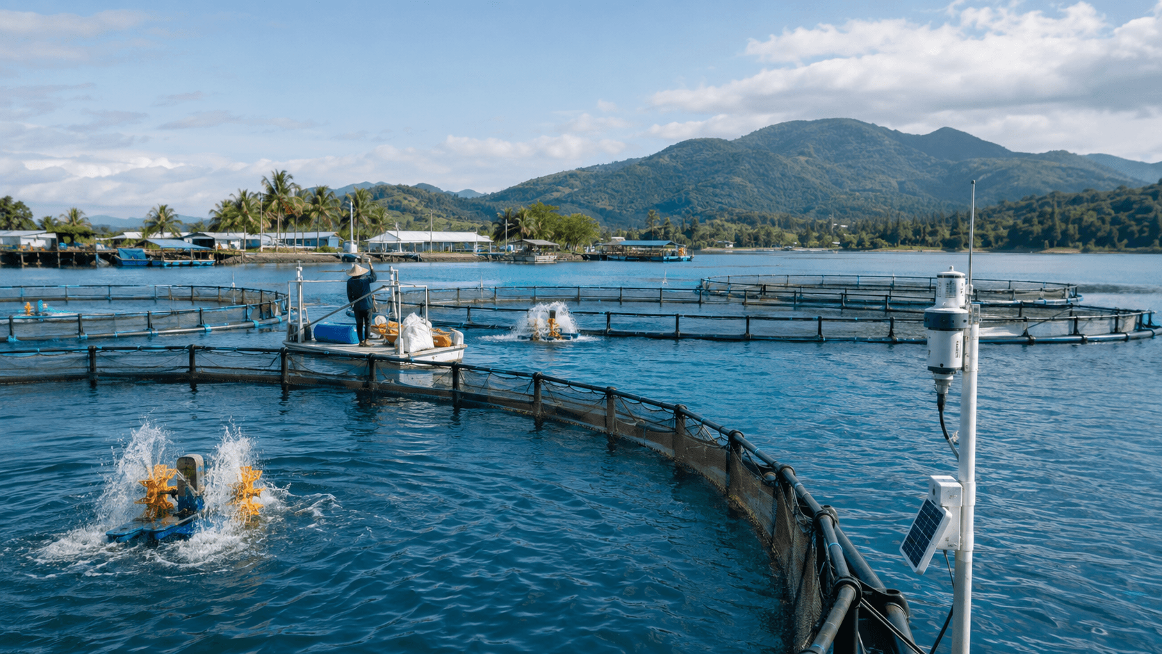 Sea cages with paddlewheel aerators and a solar-powered sensor mast