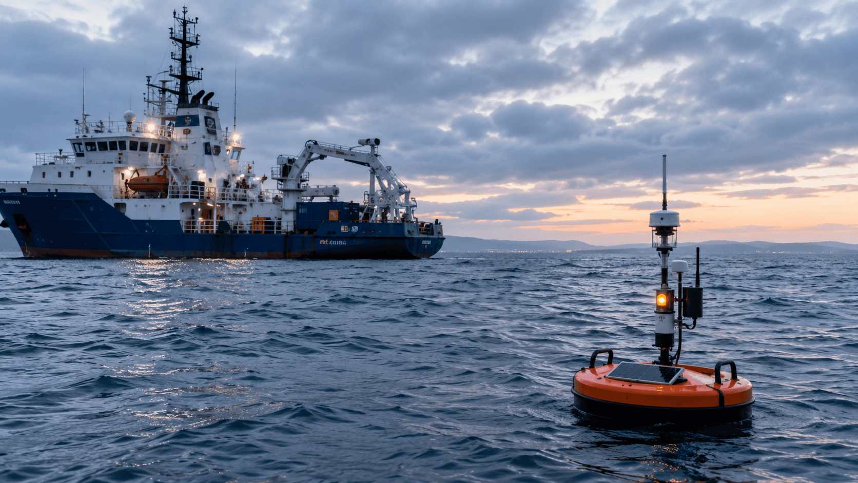 Telemetry buoy on open water with a support vessel behind it